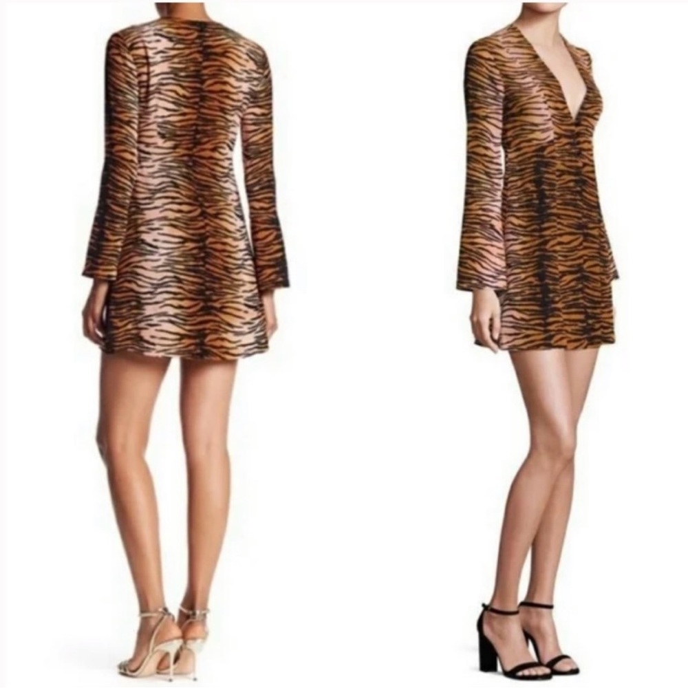 A.L.C. 100% Silk Dress long sleeve black tan tiger print Size 0 - Picture 2 of 12